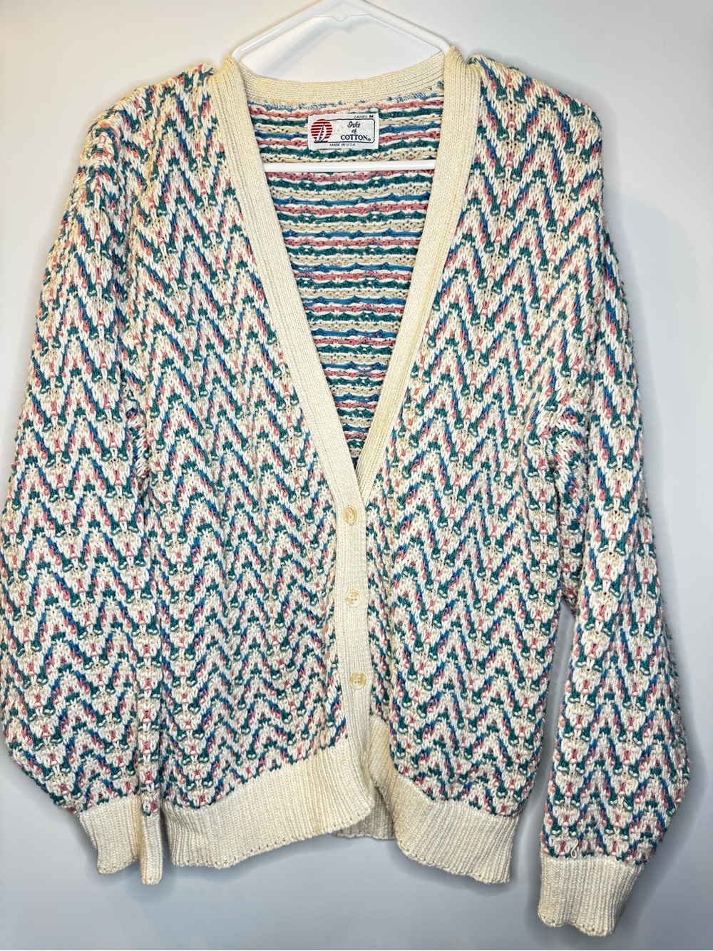 Vintage-Inspired Cream Multicolor Zigzag Cardigan Sweater